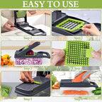 Step-by-step guide on using a kitchen slicer with various vegetables.