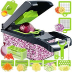 Multifunctional vegetable chopper with various attachments and chopped vegetables displayed.