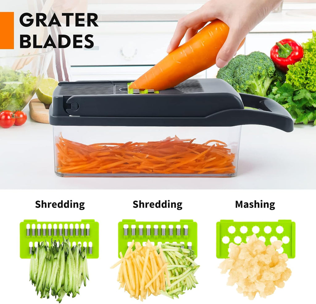 Vegetable grater with shredded carrot, broccoli, and other vegetables on a white background