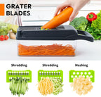 Vegetable grater with shredded carrot, broccoli, and other vegetables on a white background