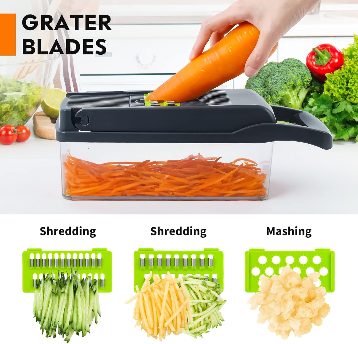 Vegetable grater with shredded carrot, broccoli, and other vegetables on a white background