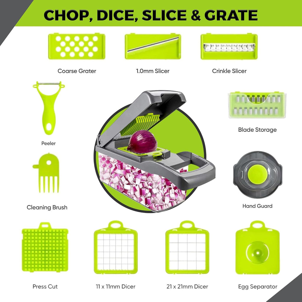 Multifunctional kitchen tool with various attachments labeled on a green and white background.