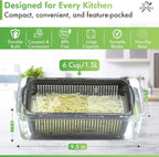 Vegetable chopper with sliced vegetables on a kitchen counter, featuring product details and benefits.