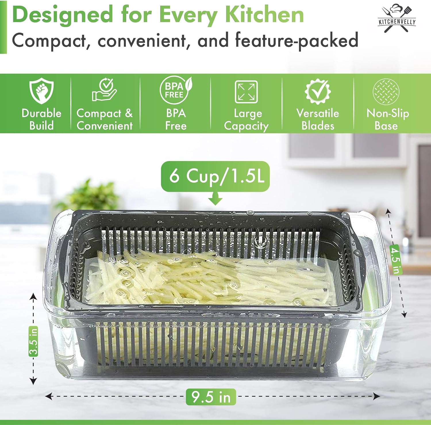 Vegetable chopper with sliced vegetables on a kitchen counter, featuring product details and benefits.