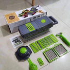 Vegetable slicer set with packaging on a tiled floor