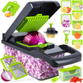 Multifunctional kitchen tool with onion dicer and additional attachments on a white background