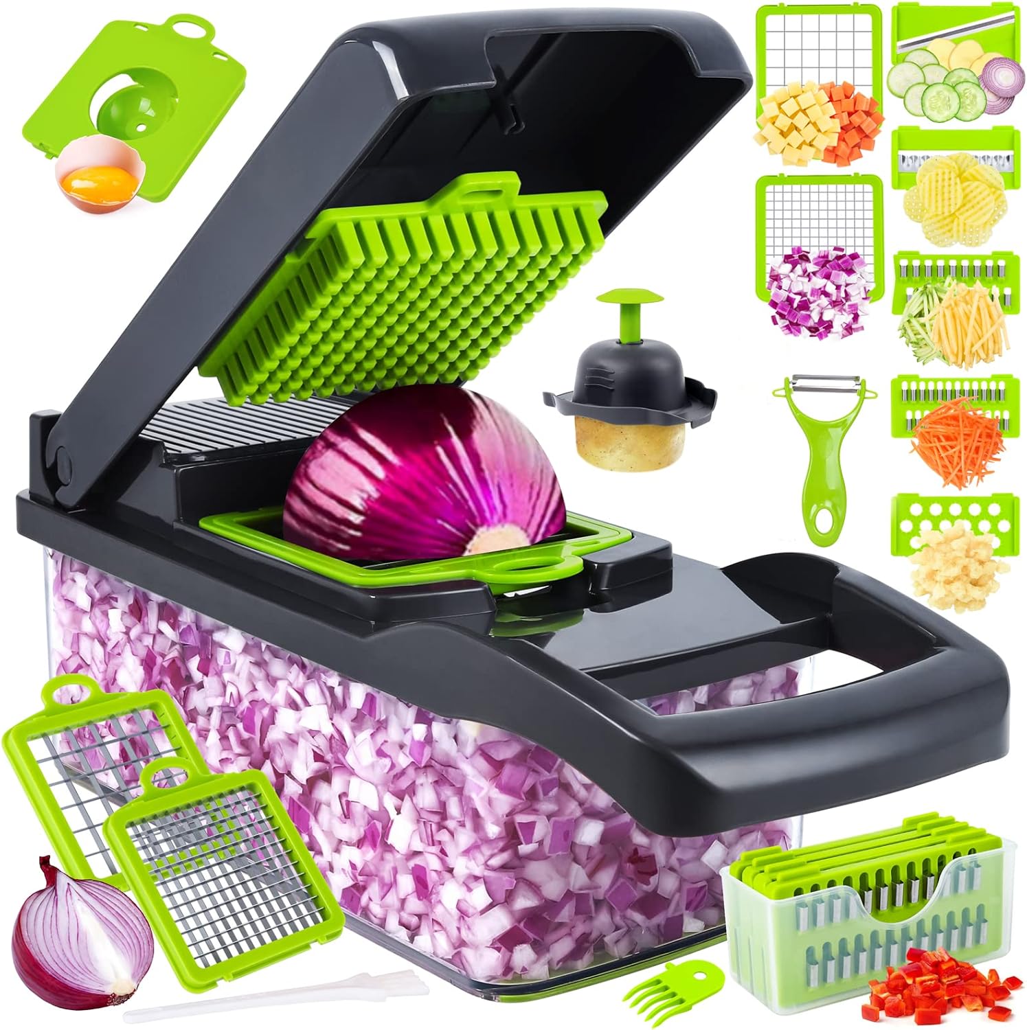 Multifunctional kitchen tool with onion dicer and additional attachments on a white background