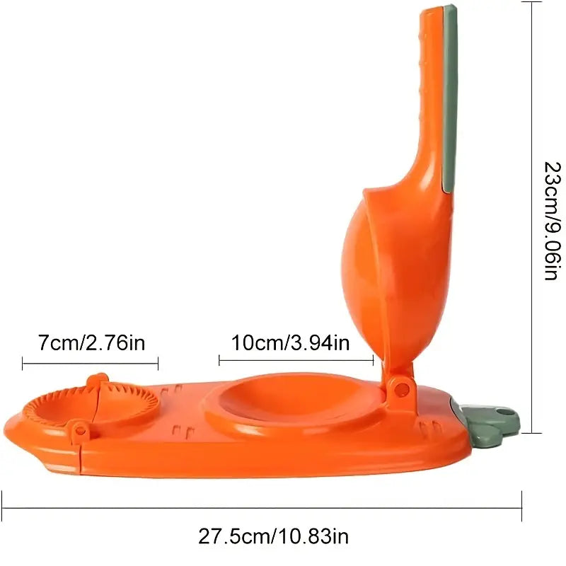 Orange plastic tool with measurements on a white background