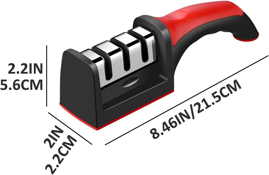 Knife sharpener with dimensions labeled on a white background