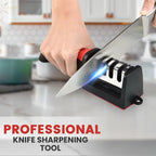 Person using a professional knife sharpening tool in a kitchen setting