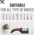Knife sharpener with text 'Suitable for all types of knives' on a white background