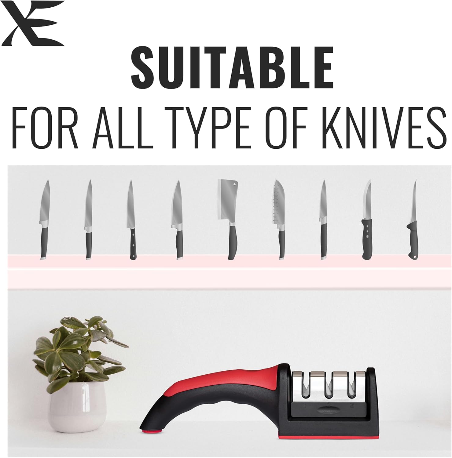 Knife sharpener with text 'Suitable for all types of knives' on a white background
