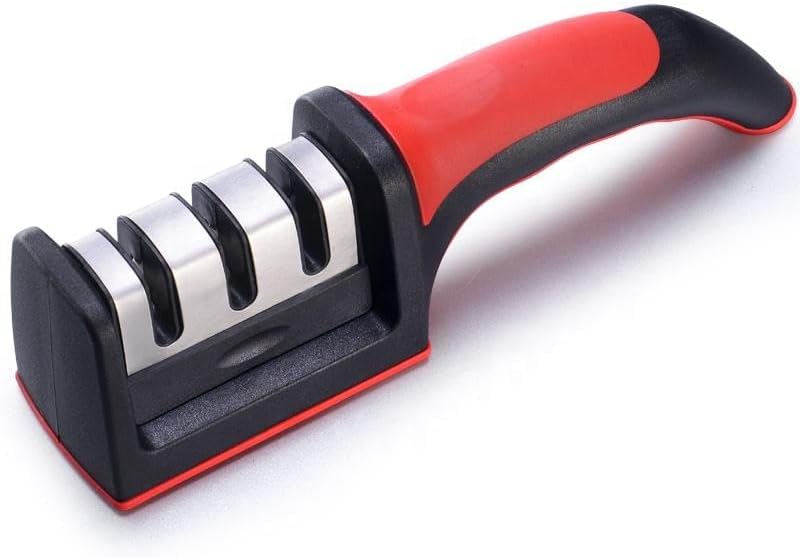 Knife sharpener with red and black handle on a white background