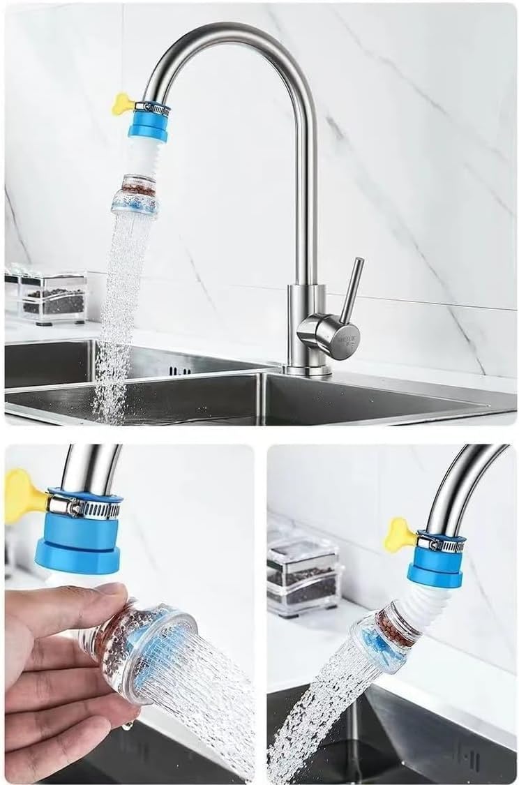 Kitchen faucet with a water filter attachment, shown in use and held by a hand.