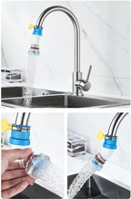 Kitchen faucet with a water filter attachment, shown in use and held by a hand.