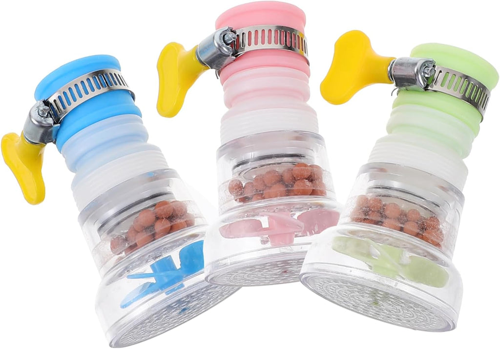 Three colorful water bottle nozzles with different colored handles on a white background.