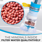 Water filter with pink beads and text highlighting water quality improvement.