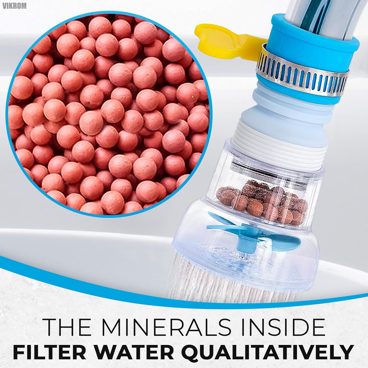 Water filter with pink beads and text highlighting water quality improvement.