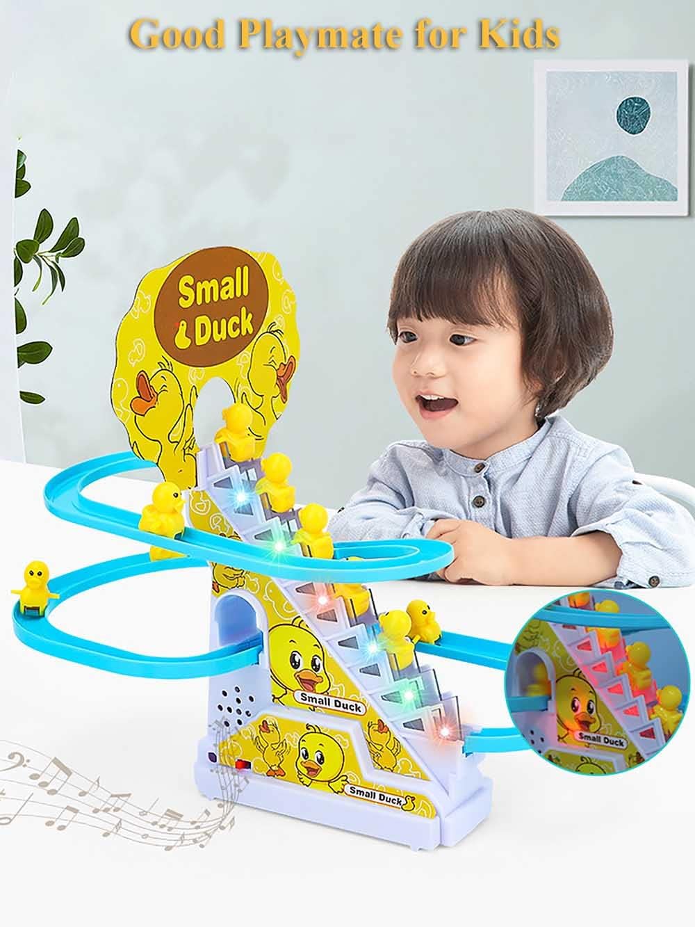 Duck climbing stairs track toy set.