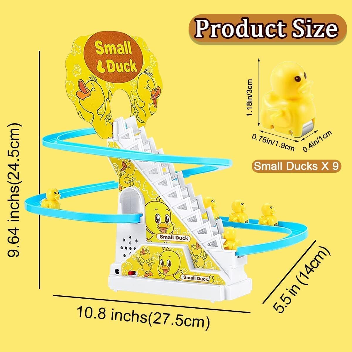 Duck climbing stairs track toy set.