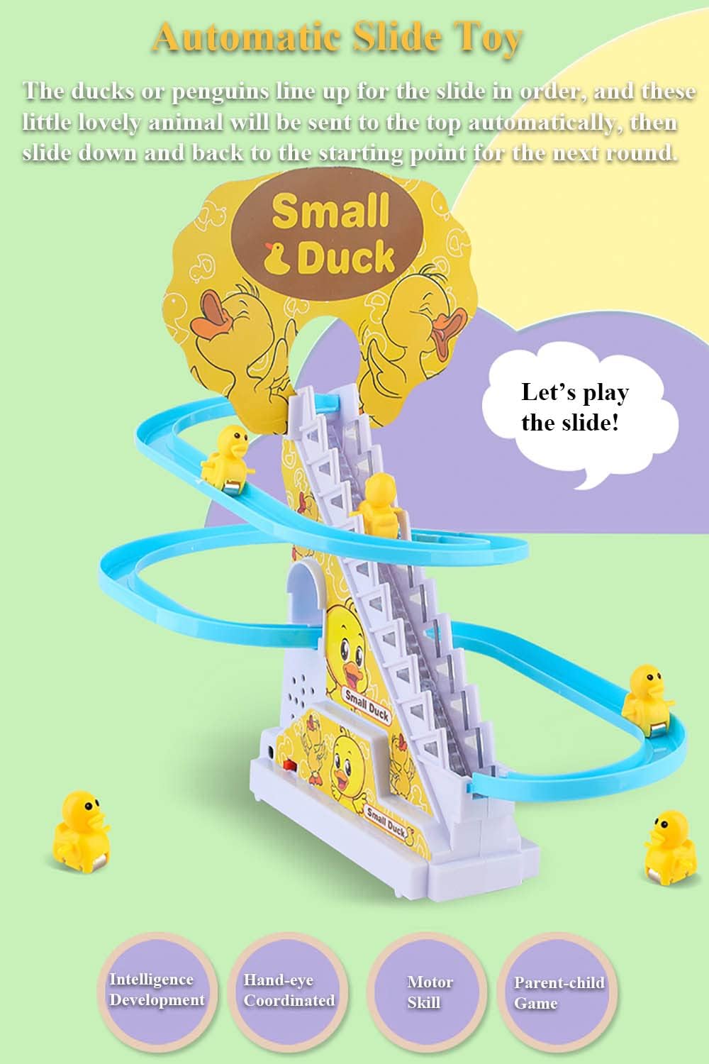Duck climbing stairs track toy set.