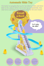 Duck climbing stairs track toy set.