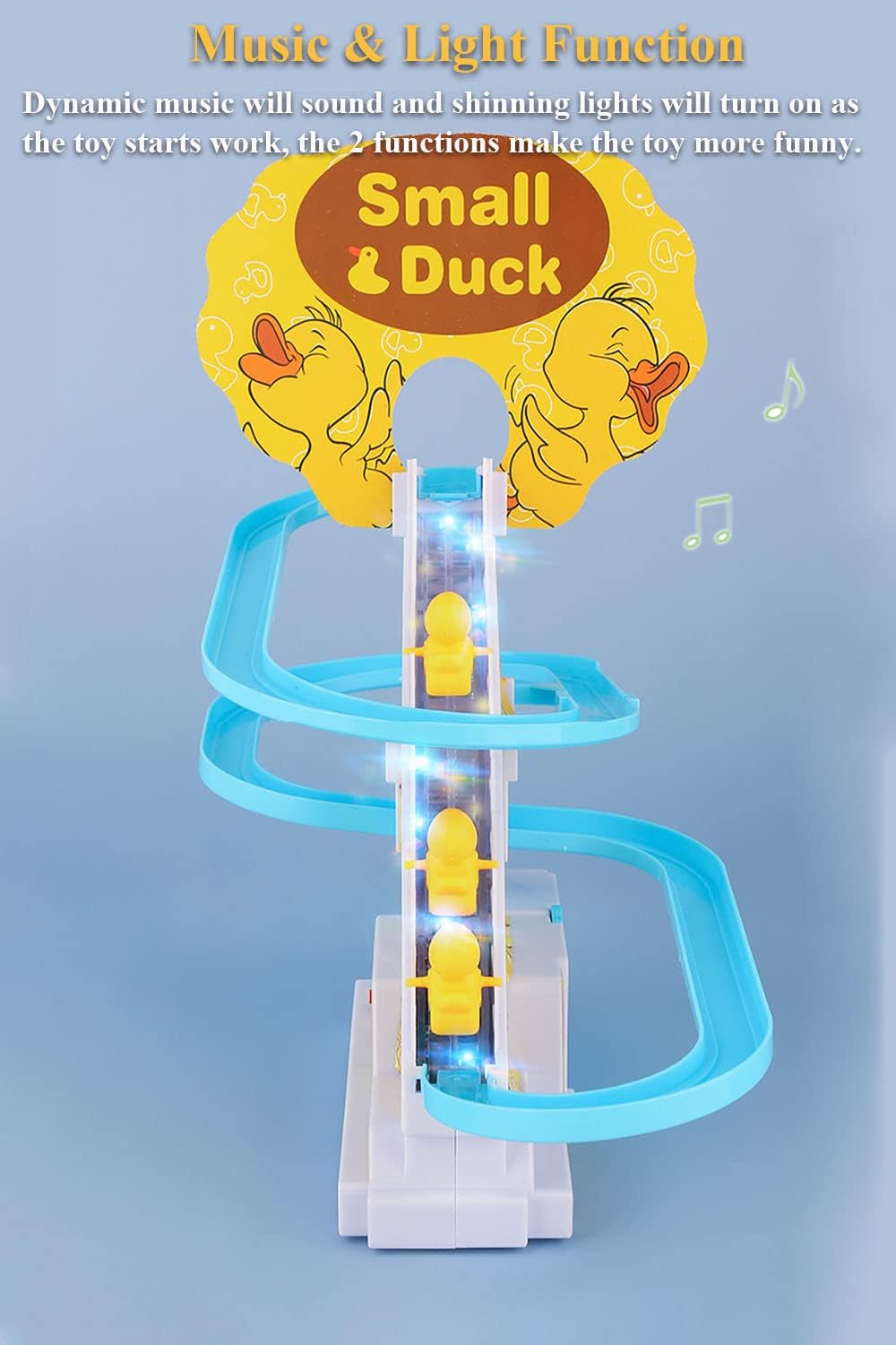 Duck climbing stairs track toy set.