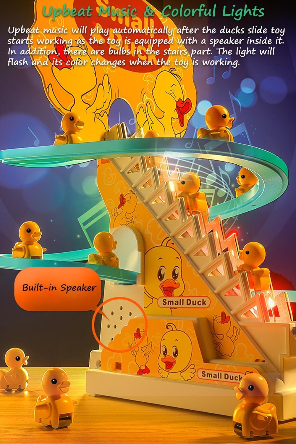 Duck climbing stairs track toy set.