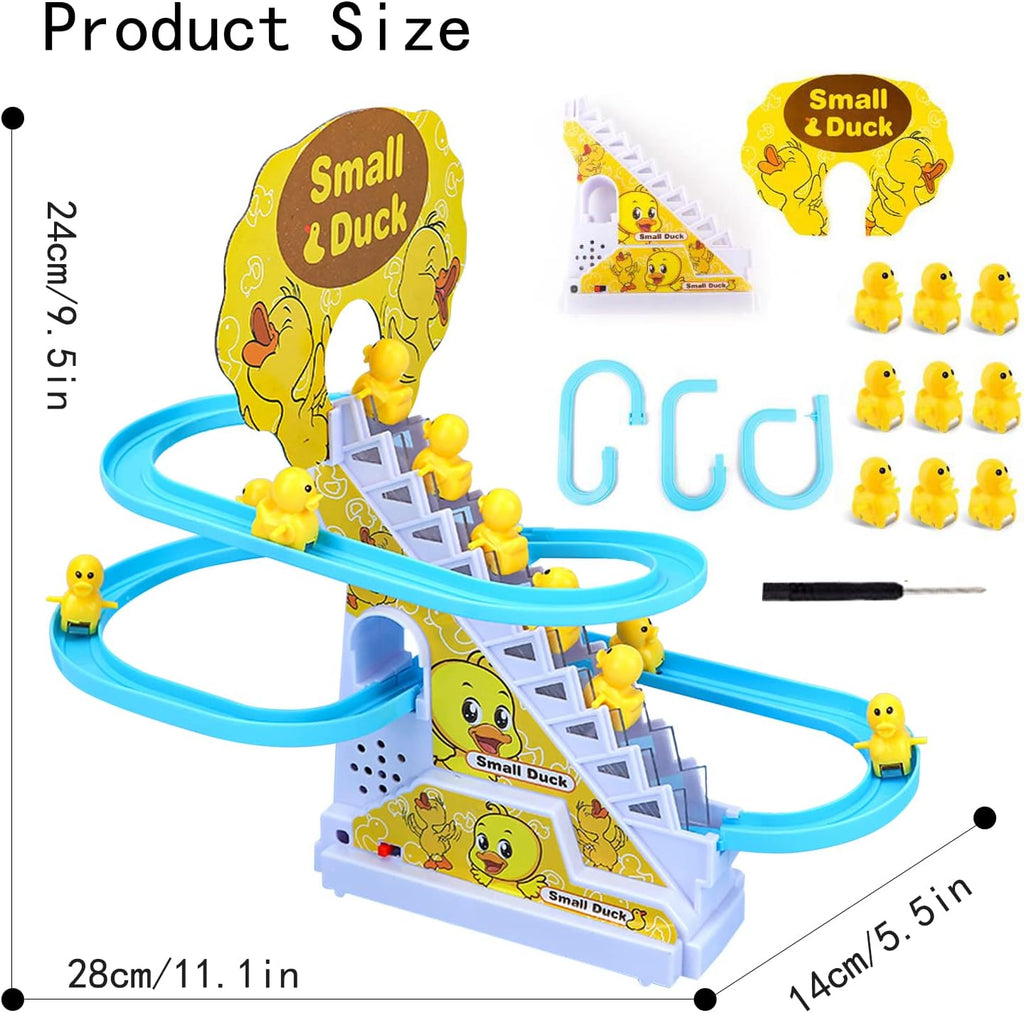 Duck climbing stairs track toy set.