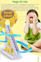 Duck climbing stairs track toy set.