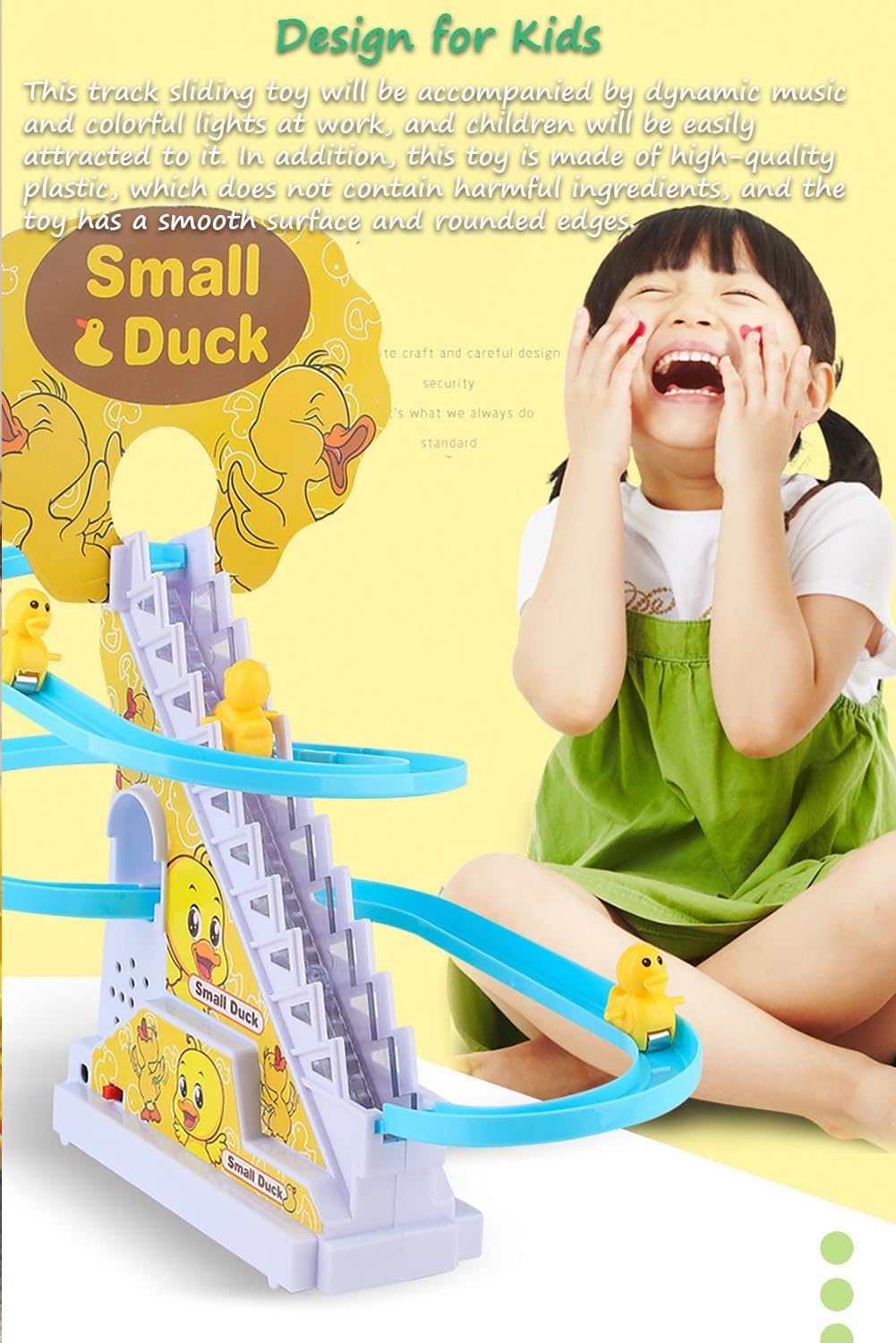 Duck climbing stairs track toy set.