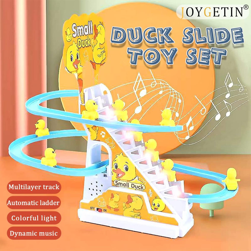 Duck climbing stairs track toy set.