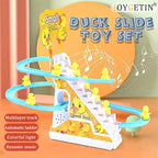 Duck climbing stairs track toy set.