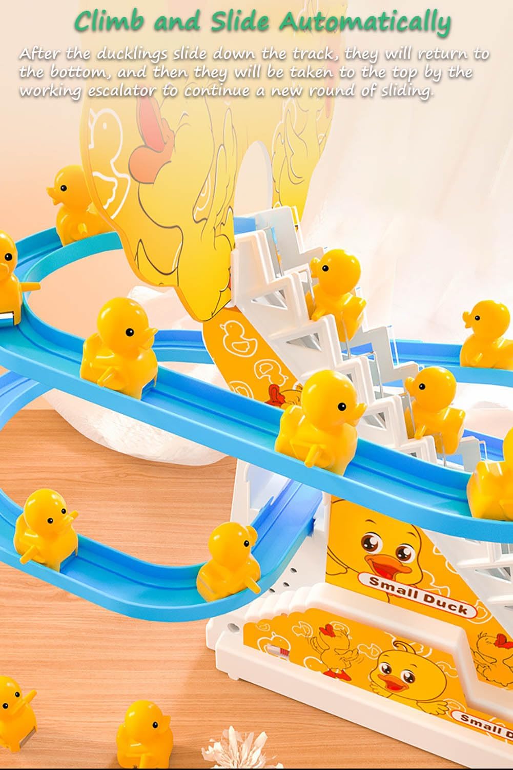 Duck climbing stairs track toy set.