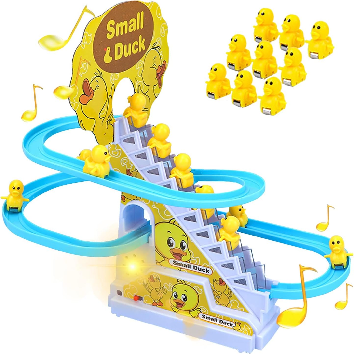 Duck climbing stairs track toy set.