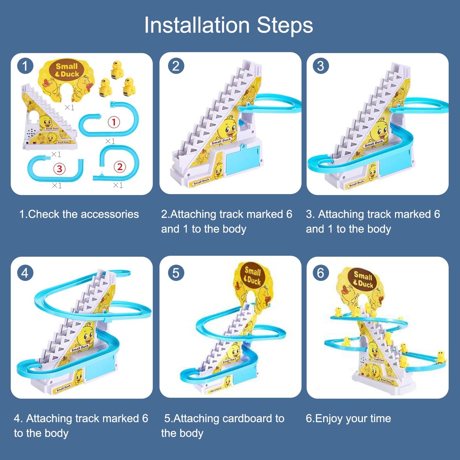 Duck climbing stairs track toy set.