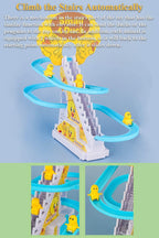 Duck climbing stairs track toy set.