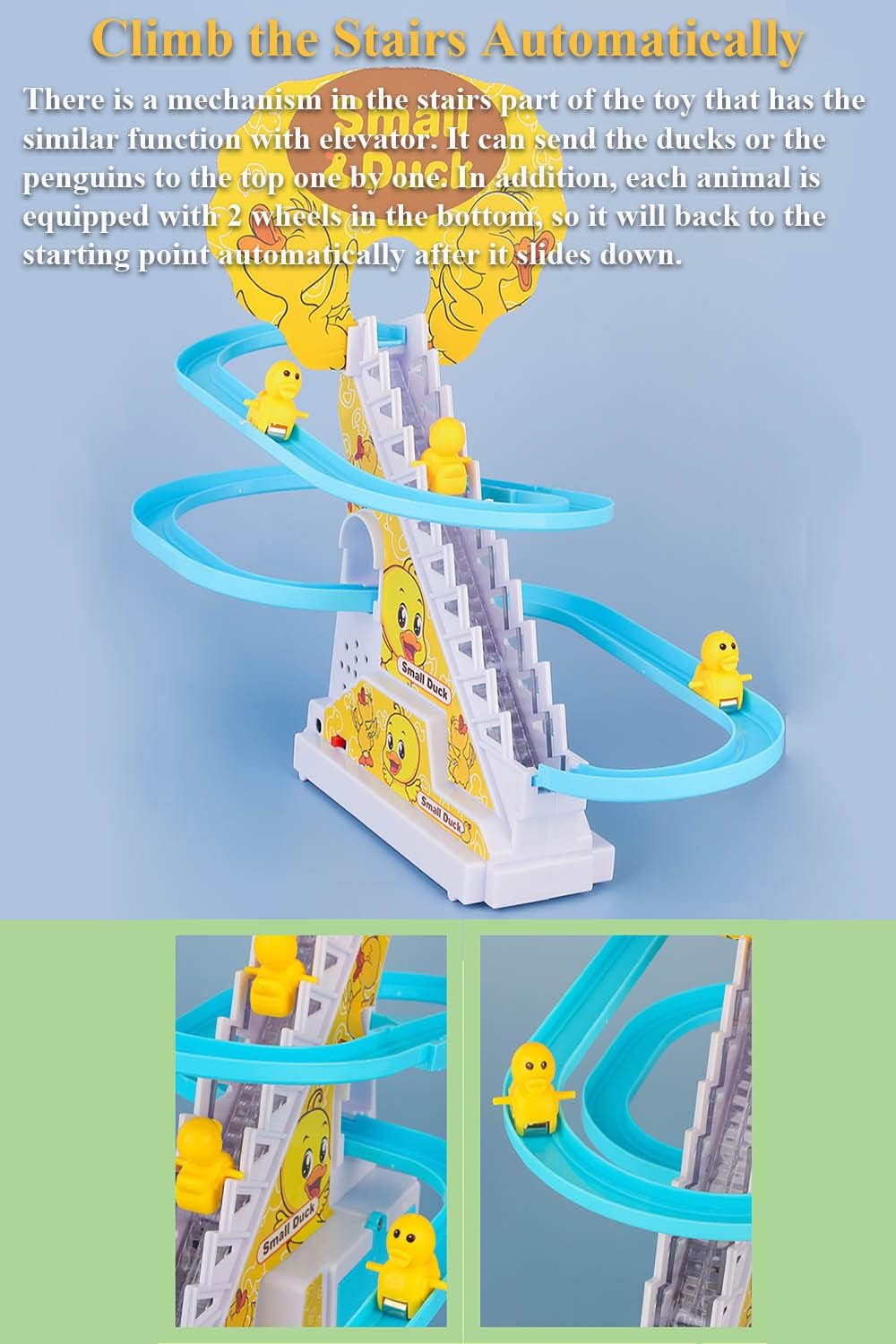 Duck climbing stairs track toy set.