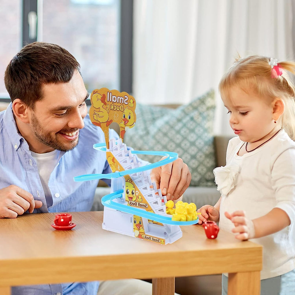 Duck climbing stairs track toy set.
