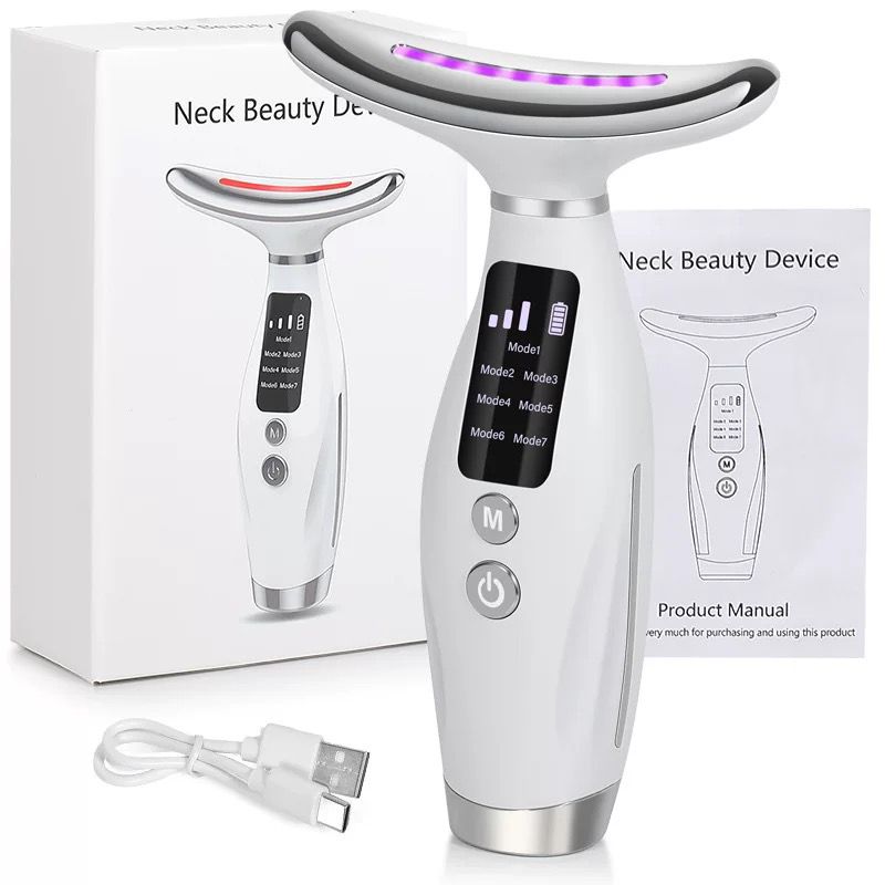 Neck beauty device with packaging, USB cable, and product manual on a white background