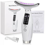 Neck beauty device with packaging, USB cable, and product manual on a white background
