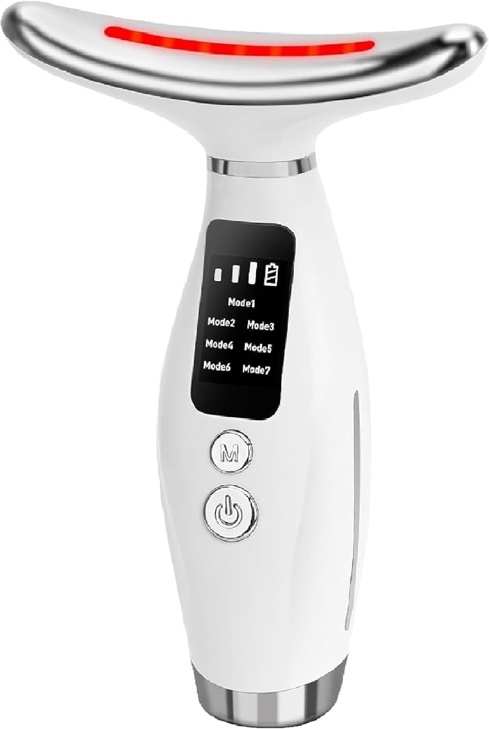 White electronic device with digital display and control buttons on a white background