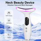 Neck beauty device with USB charging, LED display, three gears, and seven modes on a snowy mountain background.