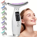 Beauty device with LED lights and a woman's face on a white background