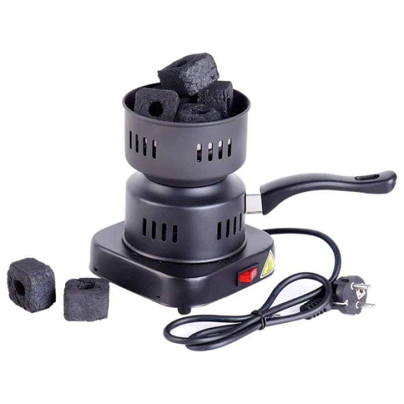 Black electric charcoal lighter with coal on a white background