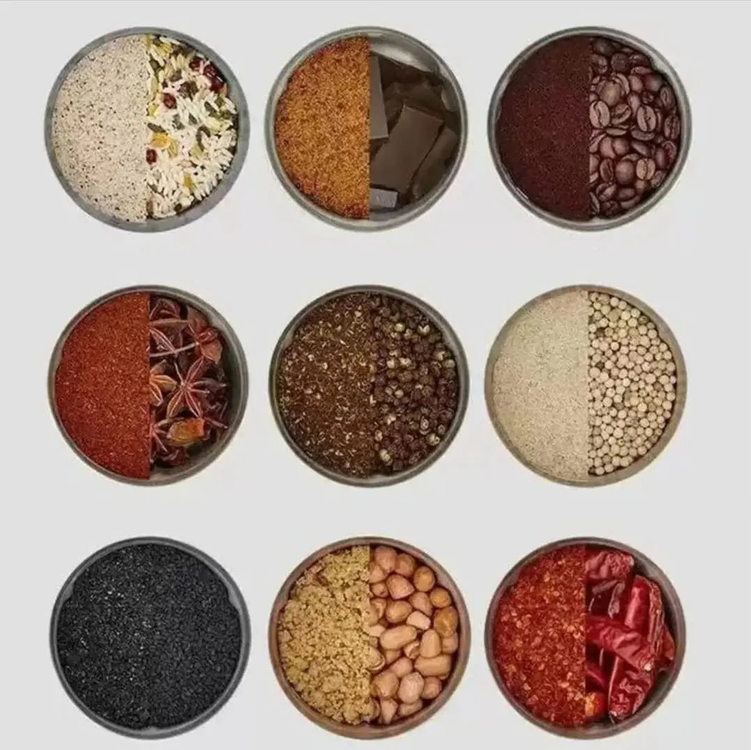 Nine bowls with various food items on a light gray background