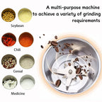 Multi-purpose grinder with ingredients like soybeans, chili, cereal, and medicine displayed around it.