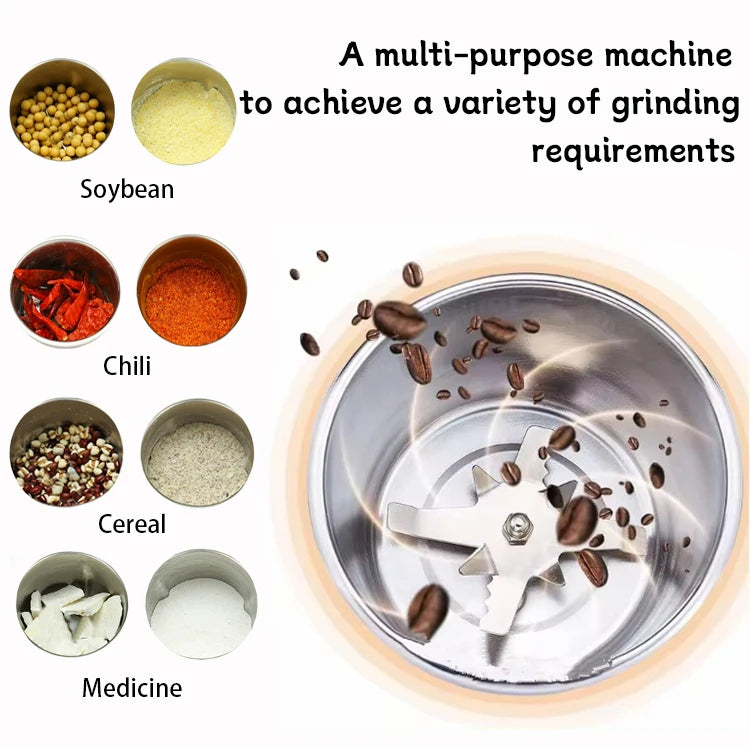 Multi-purpose grinder with ingredients like soybeans, chili, cereal, and medicine displayed around it.