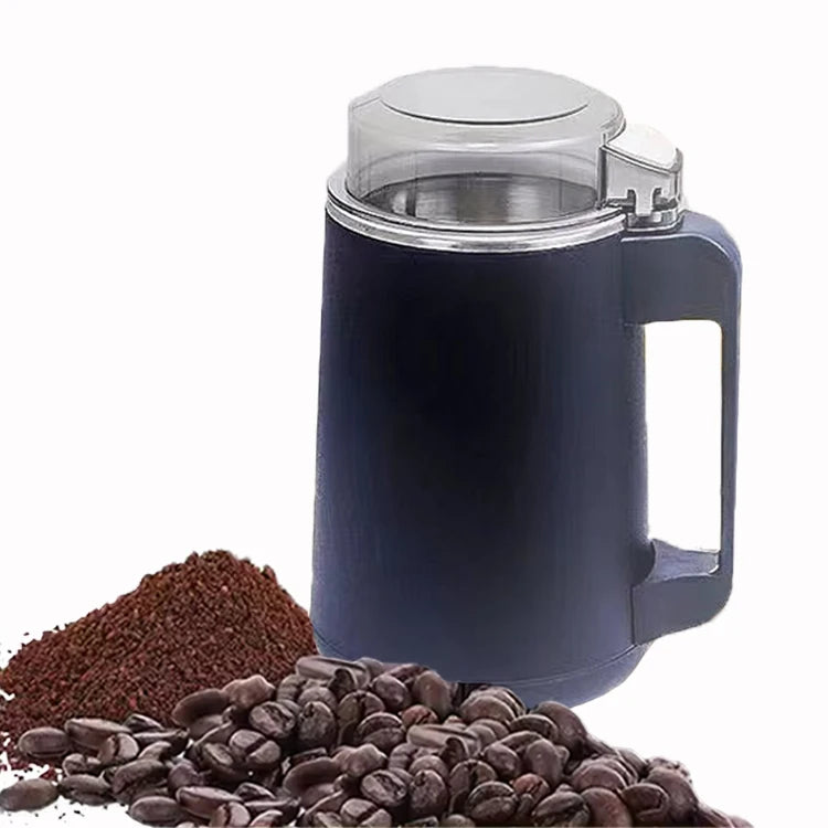 Blue insulated mug with handle, surrounded by coffee beans and ground coffee on a white background