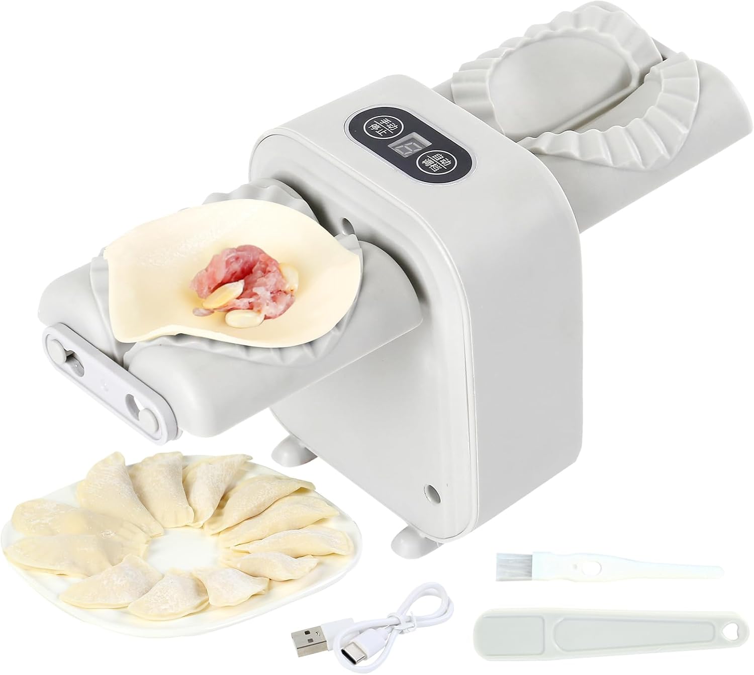White dumpling-making machine with a USB cable on a white background